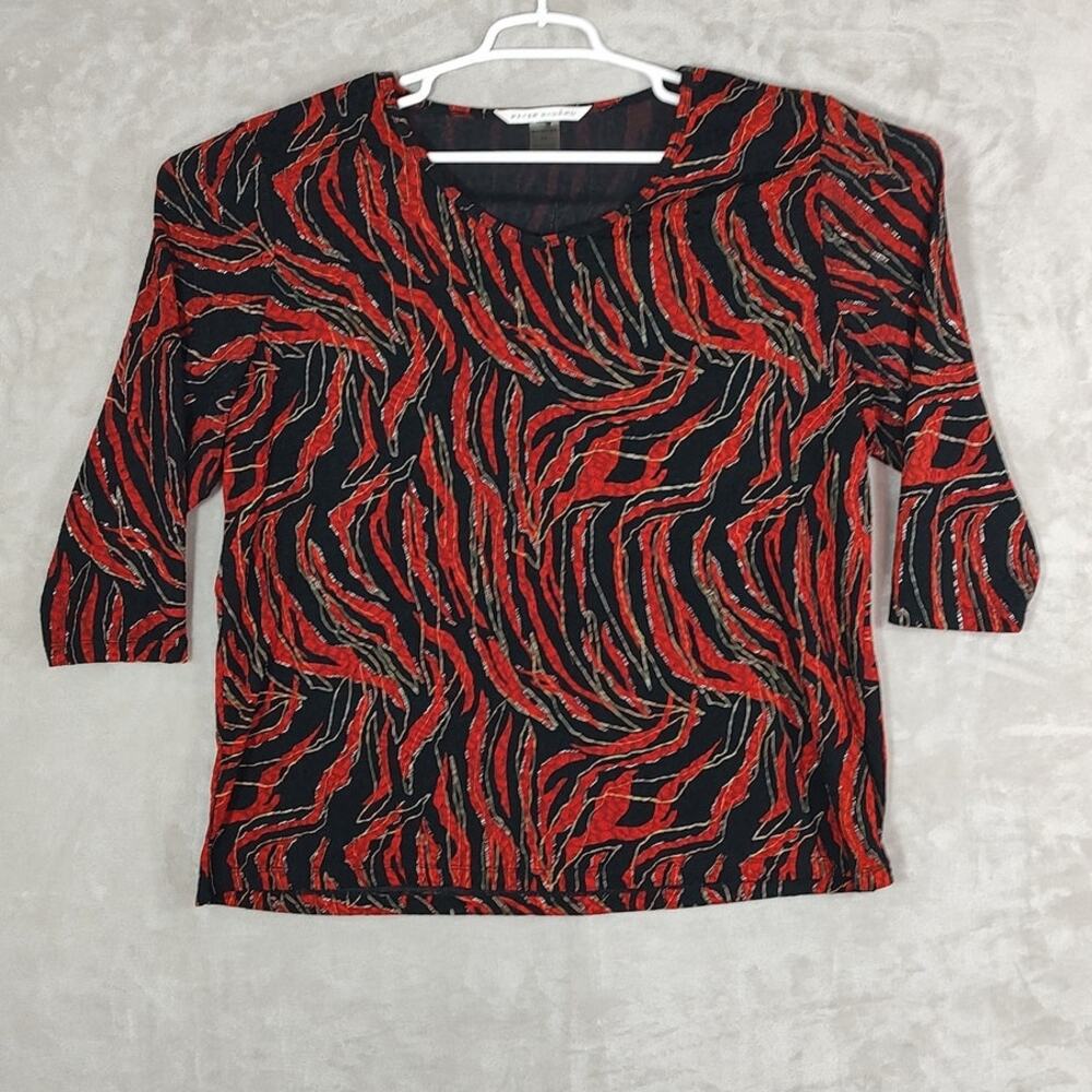 Peter Nygard Womens 2X Red Black Tiger Stripe Abstract Print 3/4 Sleeve Pullover